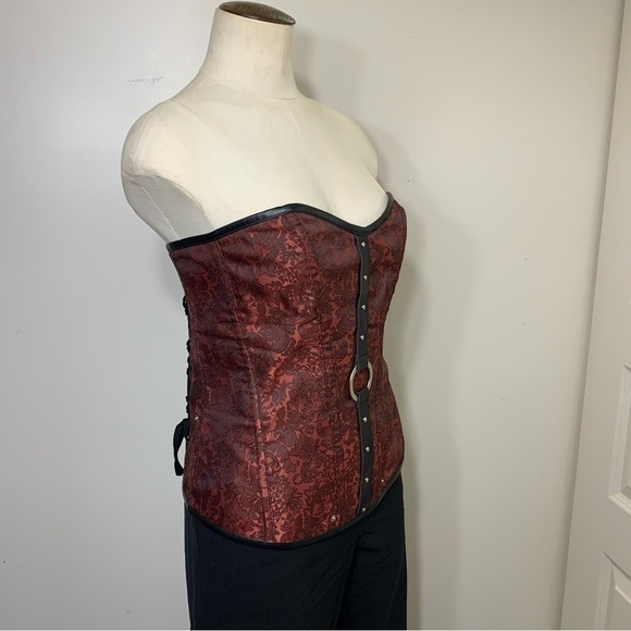 RED Black Corset Top Tapestry Faux Leather Lace up Bustier L/XL Romantic Goth - Picture 8 of 10